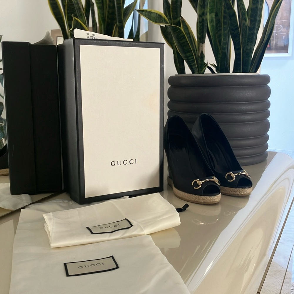 Gucci leather horsebit wedge